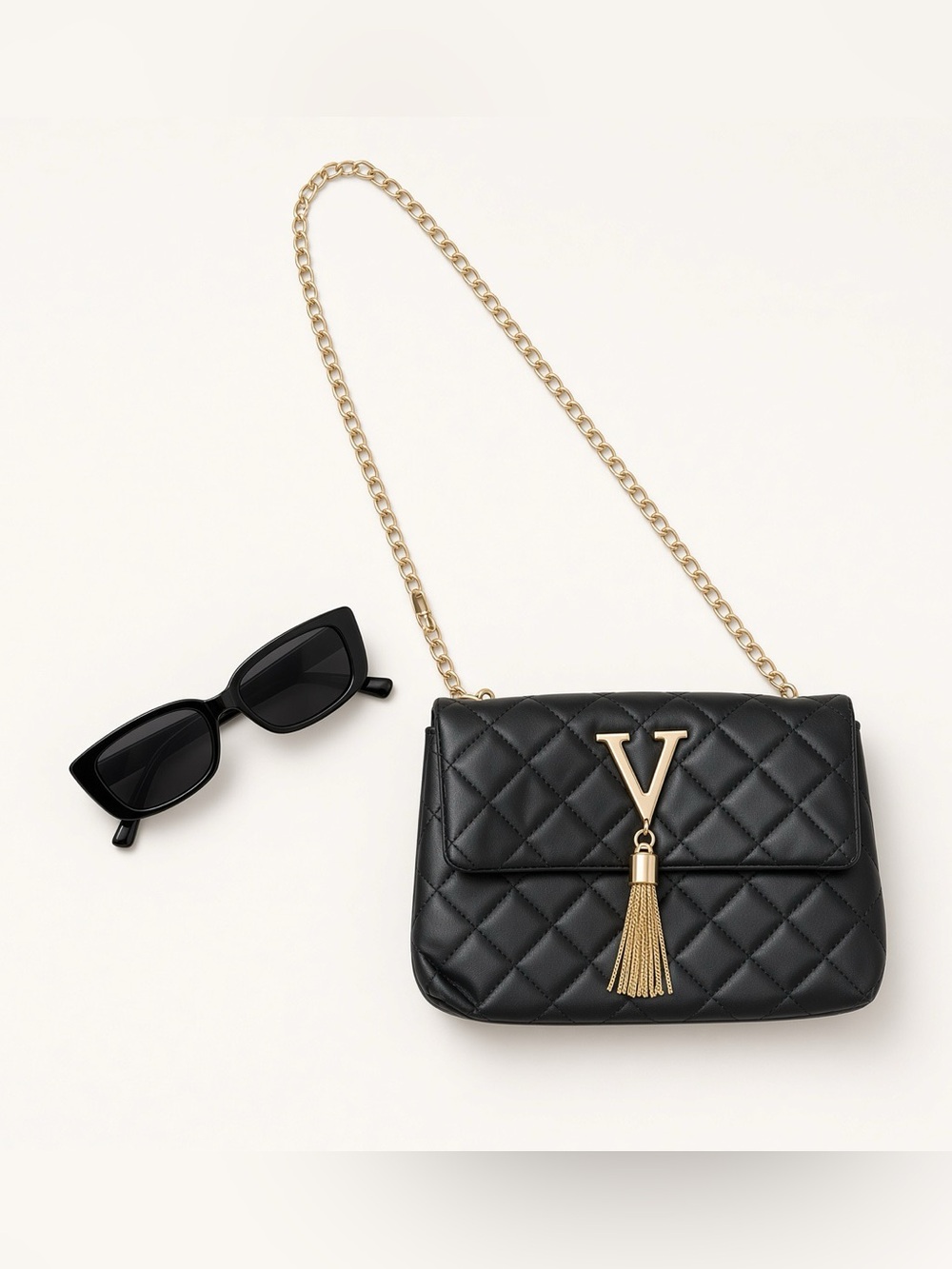 Black quilted chain crossbody bag + sunglasses set